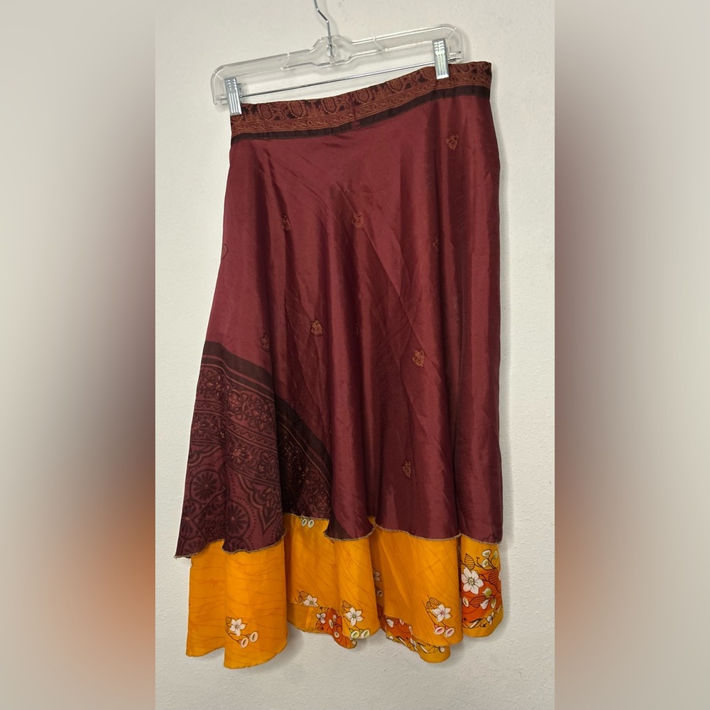 Two-Tone Asymmetrical Wrap Skirt in Burgundy and Mustard Floral - Picture 5 of 8